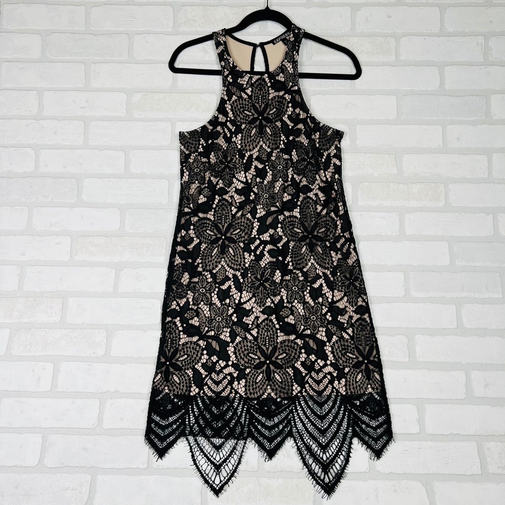 Express Womens Black Nude Floral Lace Halter Scalloped Hem Shift Dress XS